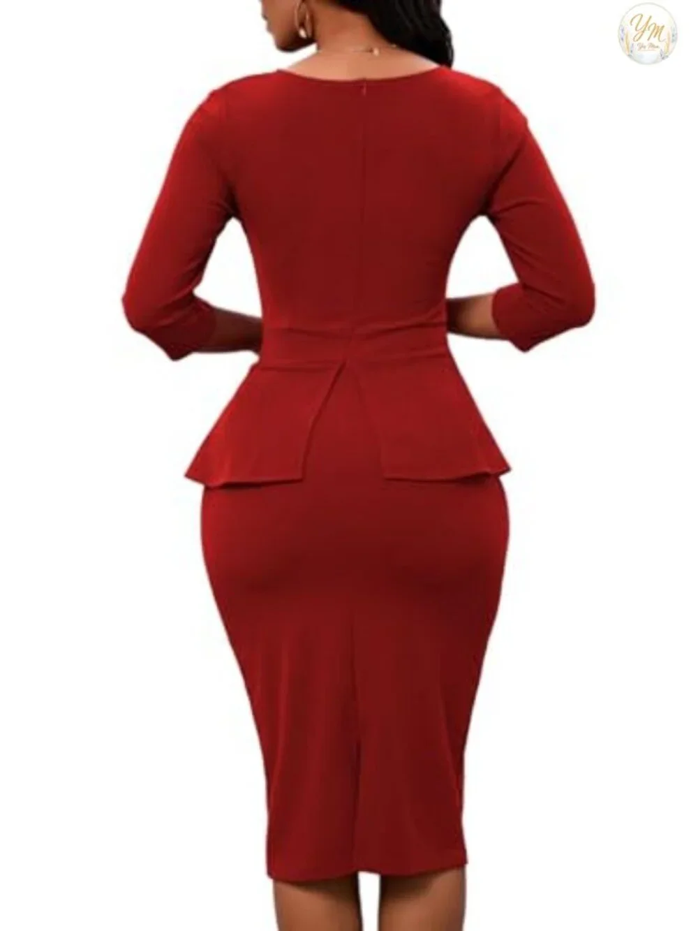 Peplum Bodycon Midi Dress Work Office Business Pencil Dress 3/4 Sleeve
